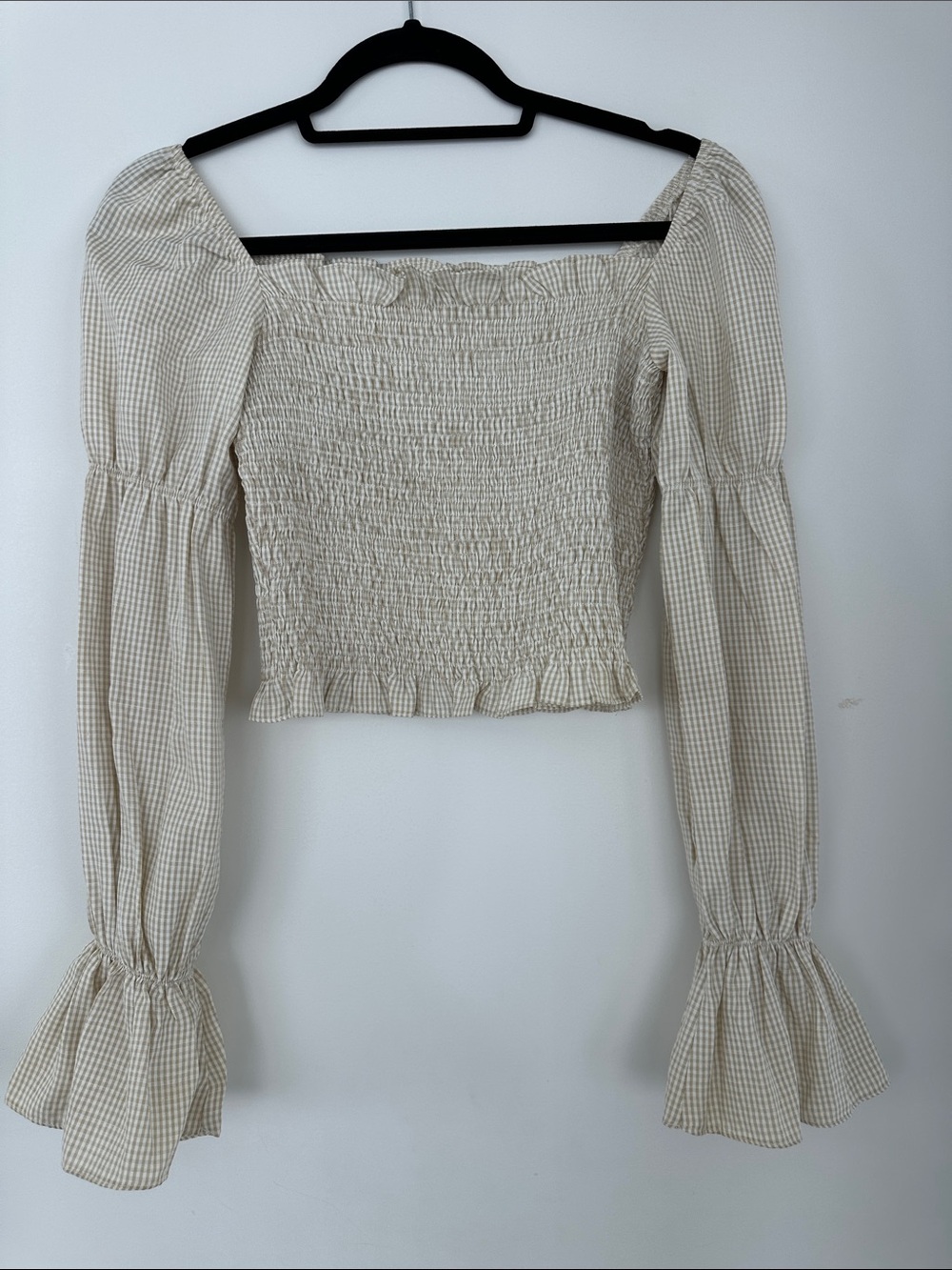 superdown Beige Gingham Smocked Off-Shoulder Blouse